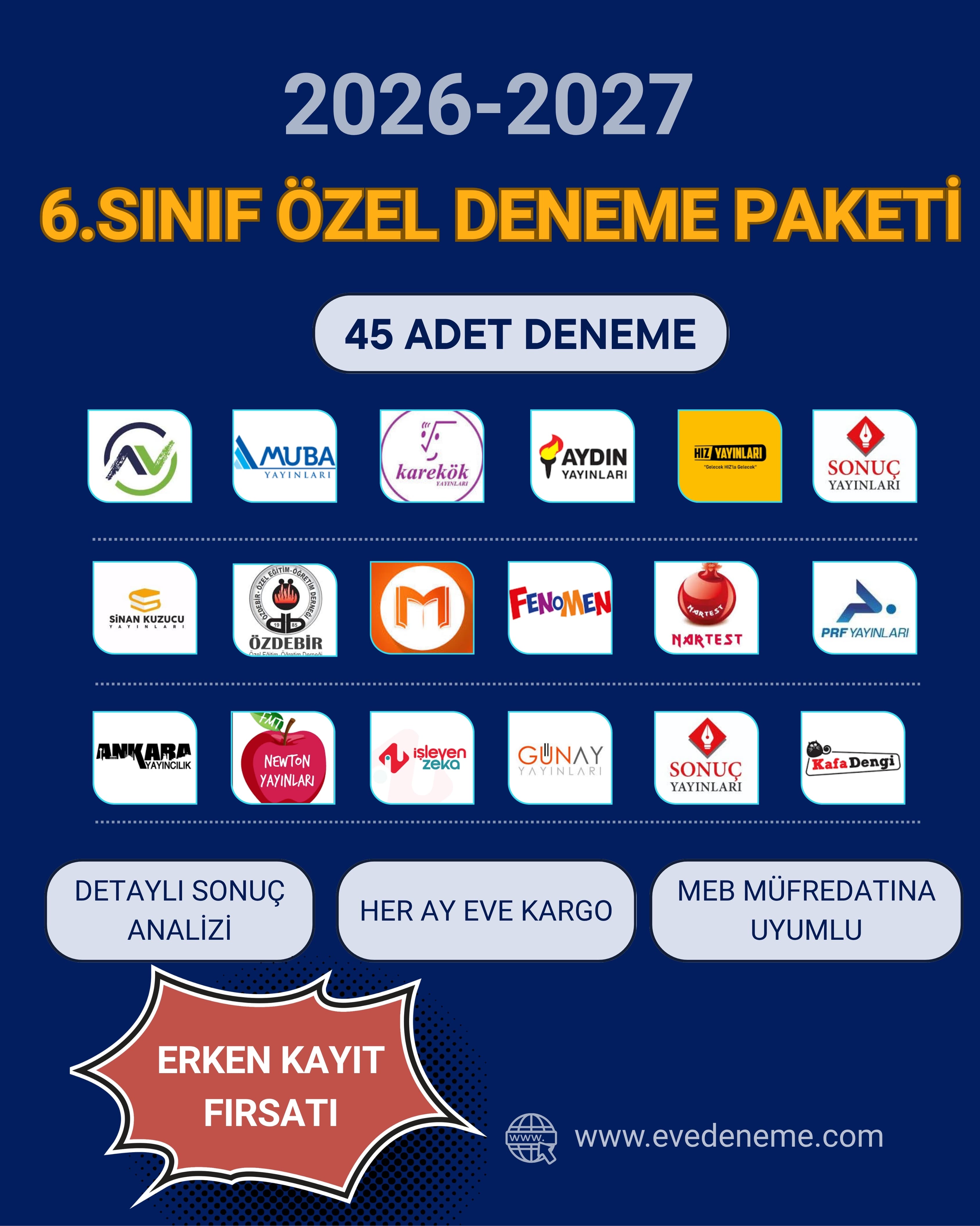 6.Sınıf 2026-2027 Yıllık 45’li Deneme Paketi | Evde Deneme ve Analiz Sistemi