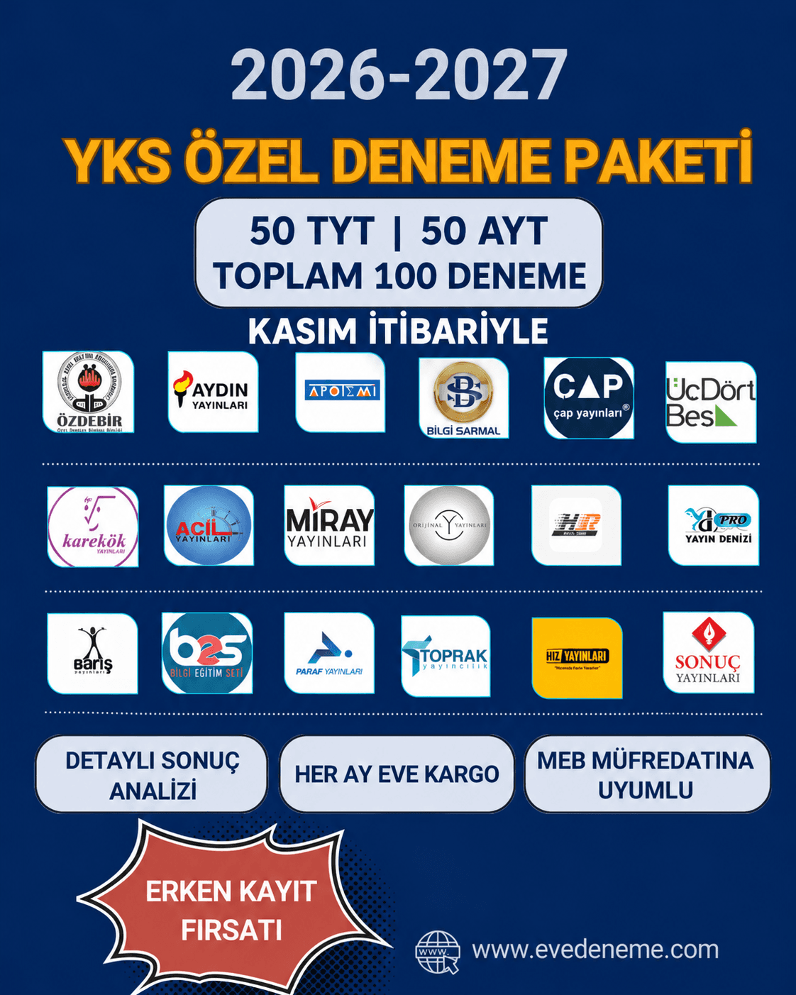 2026-2027 YKS Mega Deneme Paketi – 50 TYT + 50 AYT | Toplam 100 Deneme